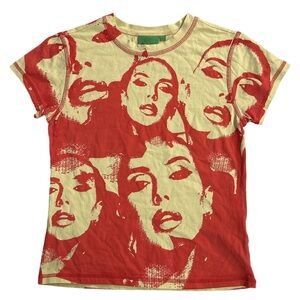 JADED LDN X SYD CARLSON yellow graphic faces baby tee, 2 US.